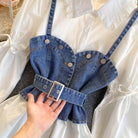 Bubble Sleeve Loose Denim Camisole Two-piece Suit Blouse Women - HABASH FASHION