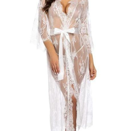 Lingerie Ladies Lace Sexy Long Cardigan Sheer Dress With Panties - HABASH FASHION