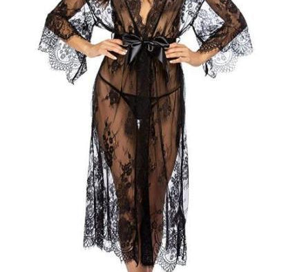 Lingerie Ladies Lace Sexy Long Cardigan Sheer Dress With Panties - HABASH FASHION