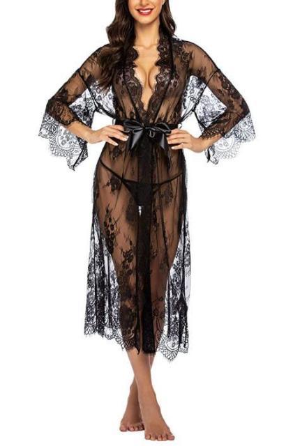 Lingerie Ladies Lace Sexy Long Cardigan Sheer Dress With Panties - HABASH FASHION