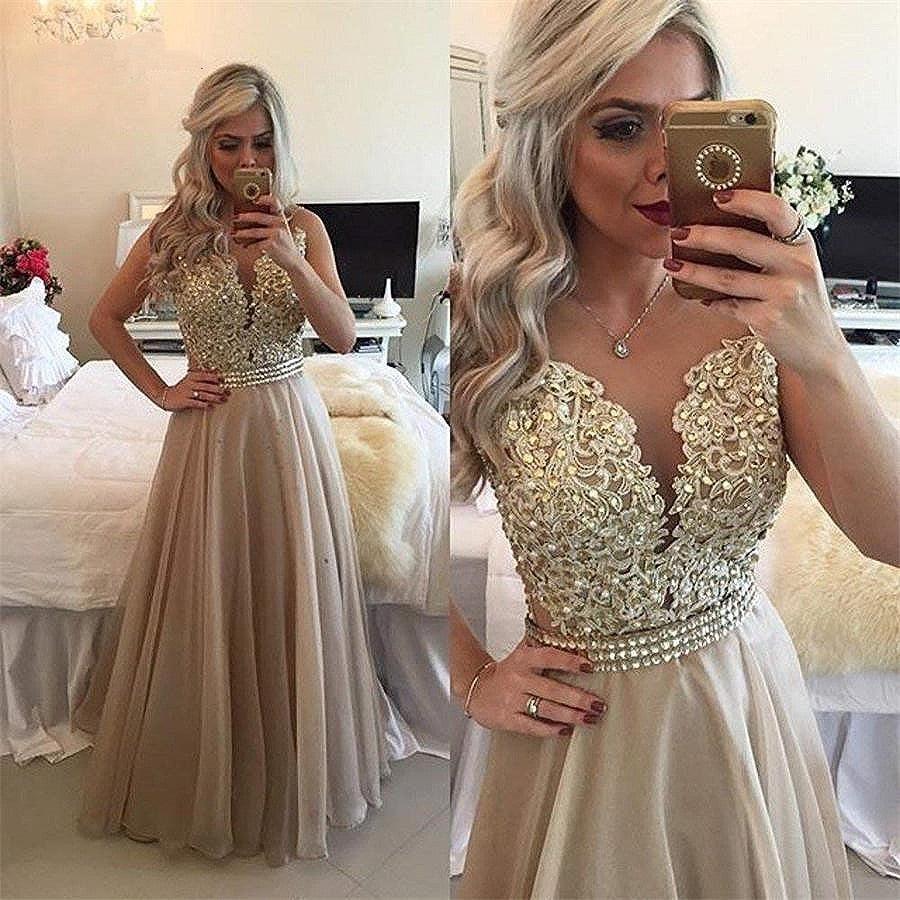 Sleeveless Sheer Back Lace Applique Chiffon Prom Dress - HABASH FASHION