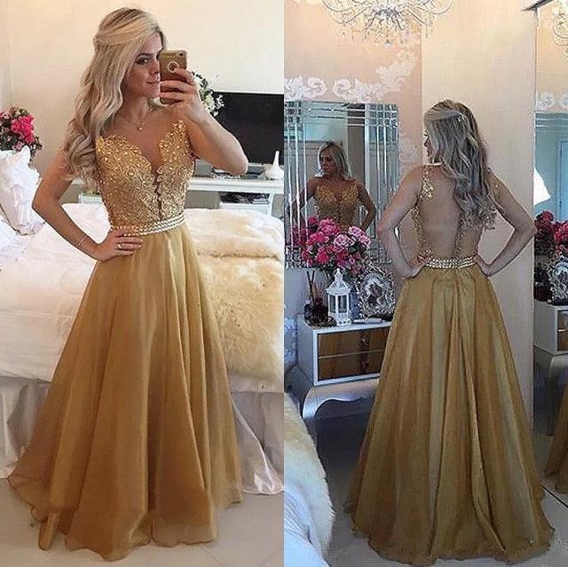 Sleeveless Sheer Back Lace Applique Chiffon Prom Dress - HABASH FASHION