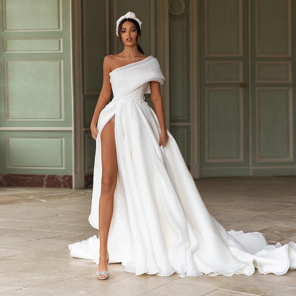 One-shoulder organza wedding dress with a simple slit with a bow-back - HABASH FASHION