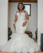Newest Lace Mermaid Wedding Dress with White Appliques Tulle Women Long Train V-Neckline - HABASH FASHION
