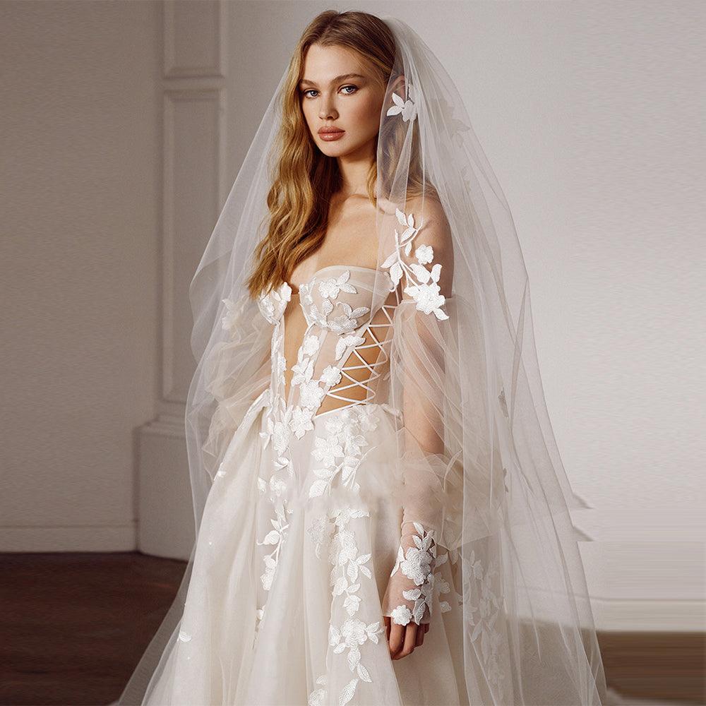 Puffy Sleeves Floral 3D Neck A-Line Lace Wedding Dress - HABASH FASHION