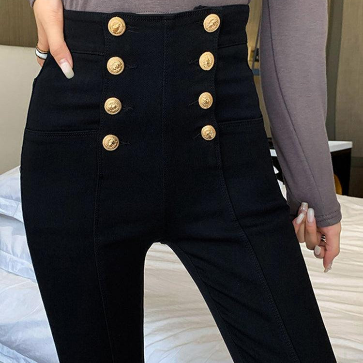New Women's High Elastic Double Breasted High Waist Tight Leggings Trousers - HABASH FASHION