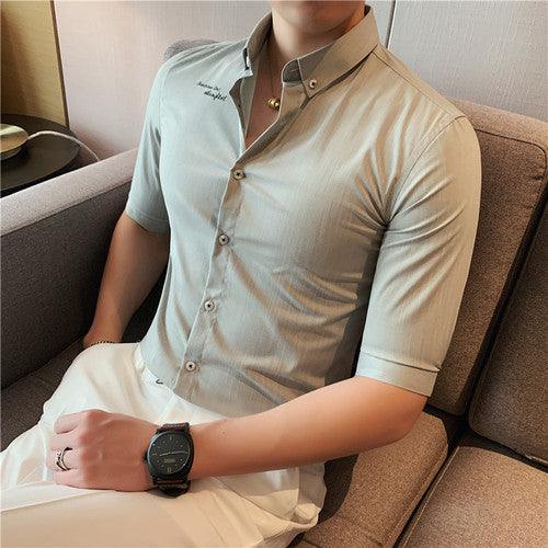 Men Embroidery Shirt Striped Casual Short Sleeve Cotton Business - HABASH FASHION