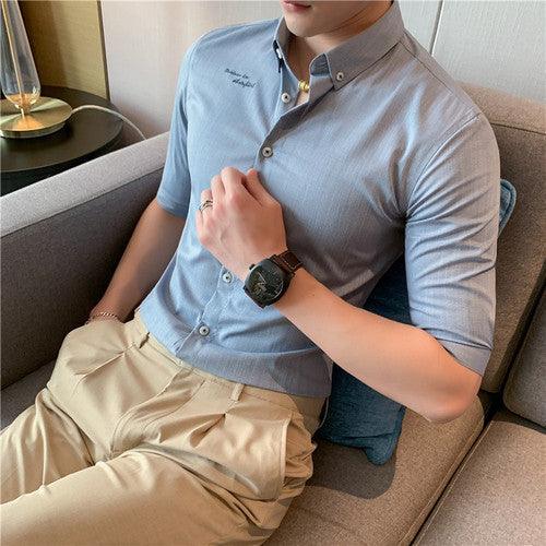 Men Embroidery Shirt Striped Casual Short Sleeve Cotton Business - HABASH FASHION
