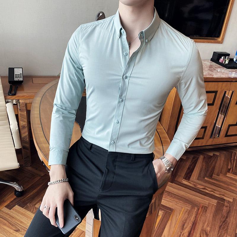 Quality Business Shirt Men Clothing Solid Simple Slim Fit - HABASH FASHION