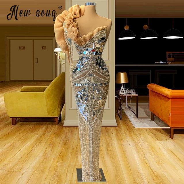Evening Dresses One Shoulder Crystals Floor Length Mermaid Formal Prom, Dress Long - HABASH FASHION