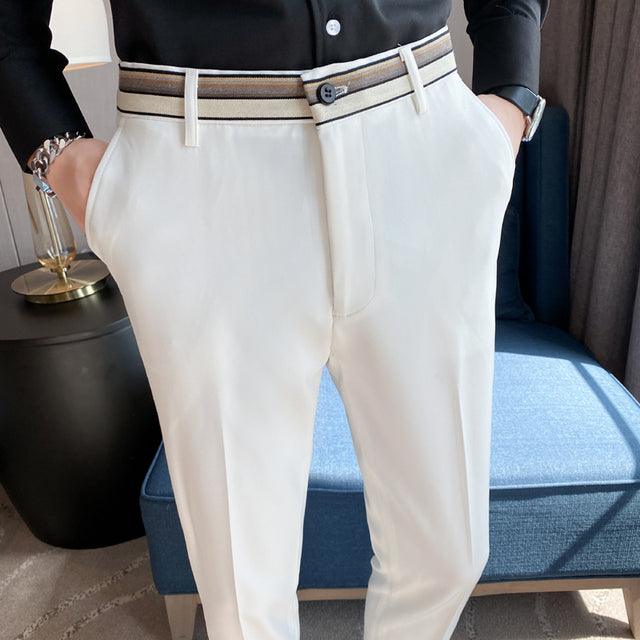Men High Waist Casual Dress Pant Men Belt Design Slim Trousers Formal - HABASH FASHION