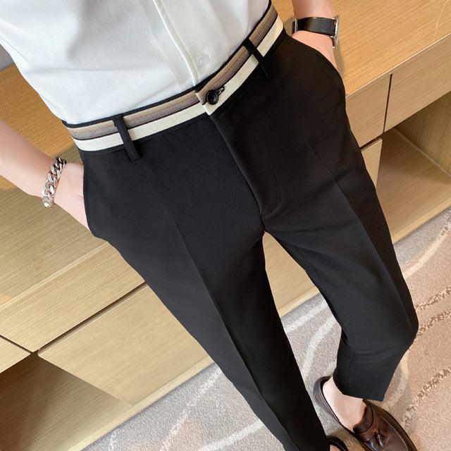 Men High Waist Casual Dress Pant Men Belt Design Slim Trousers Formal - HABASH FASHION