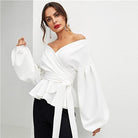 Elegant Office Lantern Sleeve Surplice Peplum Off the Shoulder Solid Blouse - HABASH FASHION