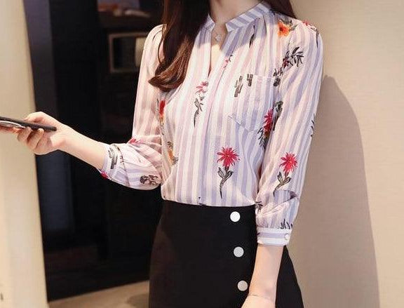 Long sleeve print shirt Fashion women blouse chiffon - HABASH FASHION