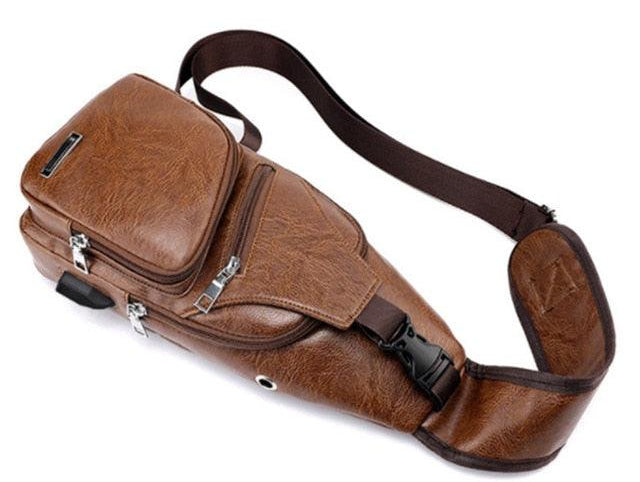 Men's USB Charging Bag Chest For Custom PU Shoulder Bag Diagonal Package Messenger Travel Bag 22 Dark Brown - habash-fashion.myshopify.com