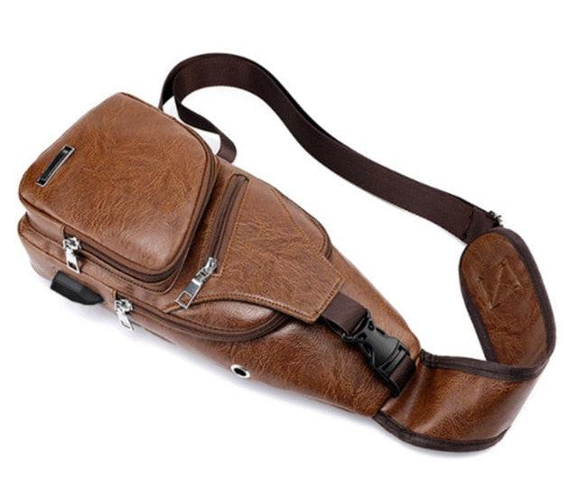 Men's USB Charging Bag Chest For Custom PU Shoulder Bag Diagonal Package Messenger Travel Bag 22 Dark Brown - habash-fashion.myshopify.com