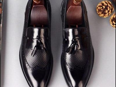 British Genuine Leather Handmade Shose Man Formal Dress Carved Wingtip Shoes Loafers Round Toe Slip on Men's Brogue Footwear - habash-fashion.myshopify.com
