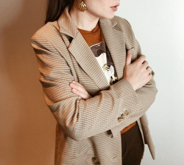 Classic Plaid Double Breasted Women Jacket Blazer Notched Collar Female Suits Coat - HABASH FASHION
