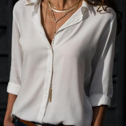 Elegant Long Sleeve Solid V-Neck Chiffon Blouse Work Shirts Office - HABASH FASHION
