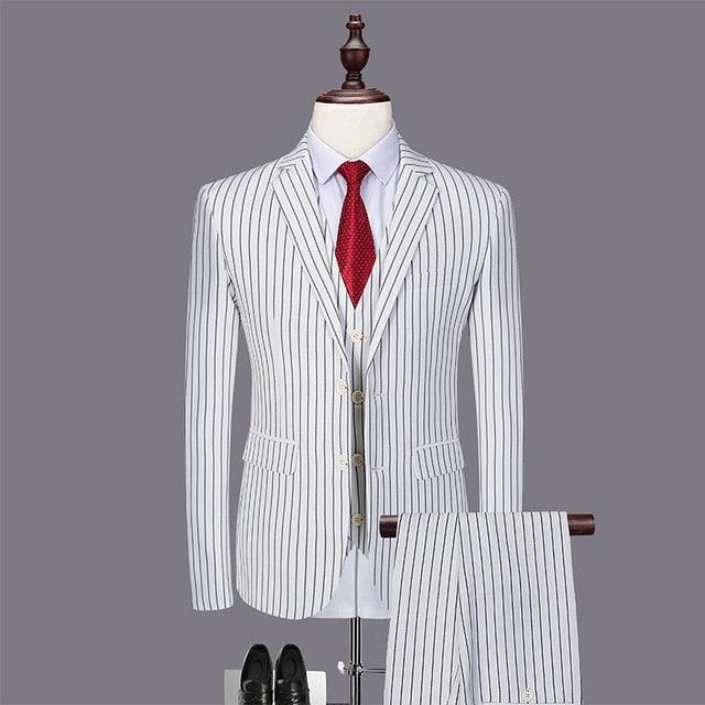 Mens Pinstripe Suit Slim Fit Casual Dress Suits Blazer + Vest + Pants 3 Piece - habash-fashion.myshopify.com